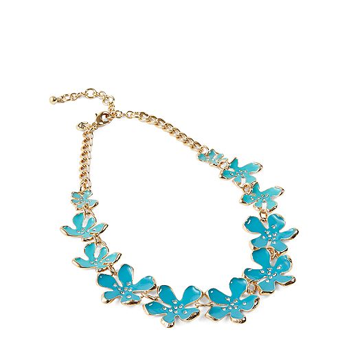 Short Flower Enamel Necklace in Gold Tone with Turquoise