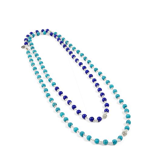 Long Two-Tone Beaded Necklace in Silver Tone with Blue